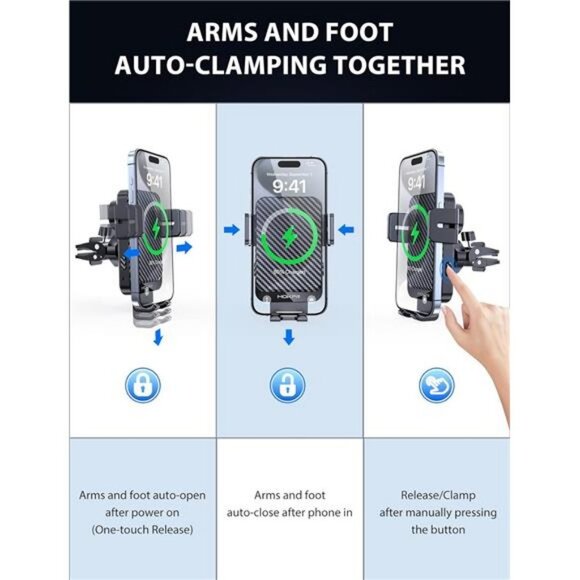 Wireless Car Charger, MOKPR 15W Fast Charging Auto-Clamping Charger Phone Mount - Picture 4 of 7